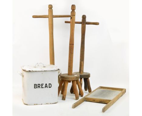 A vintage enamel bread bin, three dolly pegs and a wash board (5).