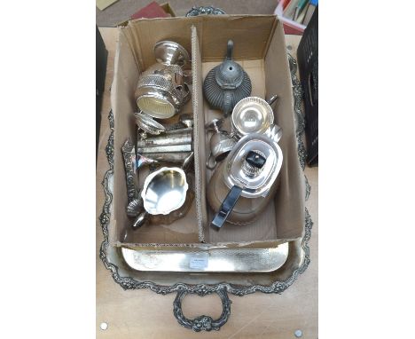 A quantity of silver plated items including a large twin handled tray, a bachelor's tea set, a large coffee pot, etc, a white