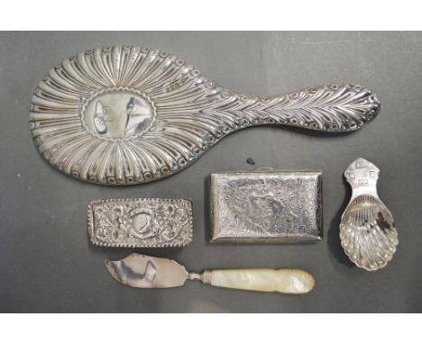 A Birmingham Silver Engraved Cigarette Case, together with a silver backed hand mirror, a Georgian silver mother of pearl han