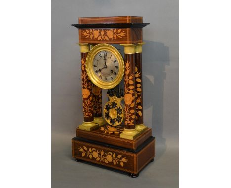 A 19th Century French Rosewood And Marquetry Inlaid and Gilt Metal Mounted Portico Clock, the silvered dial with Roman numera