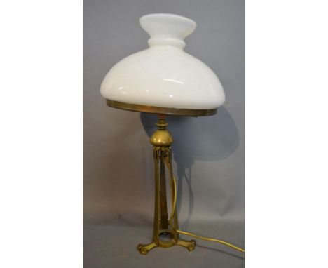 An Arts And Crafts Brass Table Lamp With Opaque Glass Shade, 50cm tall 