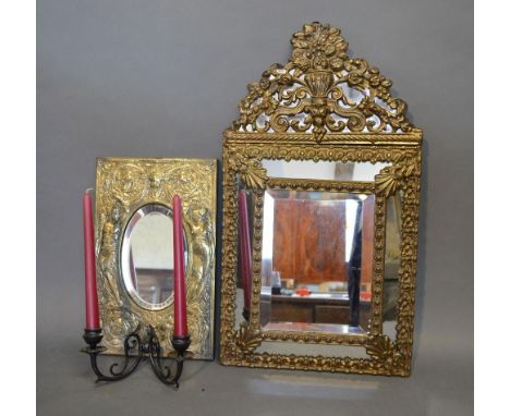 A Brass Girandole Together With A Brass Frame Cushion Mirror Of Sectional Form 
