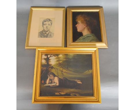 19th Century Continental School, Study Of Mary Magdalene, small oil on board, together with a pencil sketch head study of a b