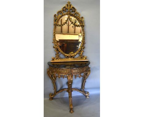 A French Gilded Demilune Console Table the shaped oval scroll form mirror above a marble top, the base with cabriole legs and