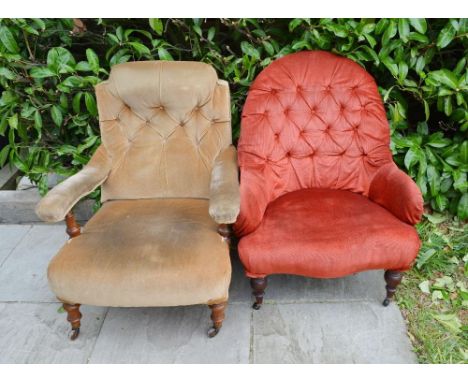 A Victorian Armchair With A Button Upholstered Back And Stuff-Over Seat, raised upon turned tapering legs, together with anot