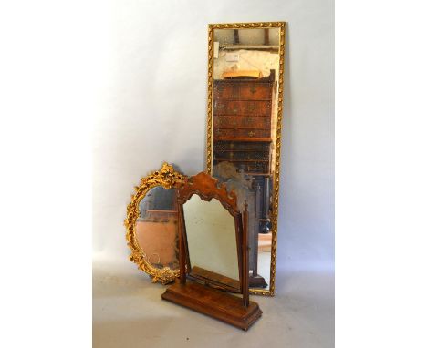 A Walnut Swing Frame Toilet Mirror, together with a rectangular gilt frame dressing mirror and a gilt frame wall mirror 