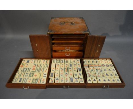 An Early Mahjong Within An Oak Cabinet Of Five Drawers 