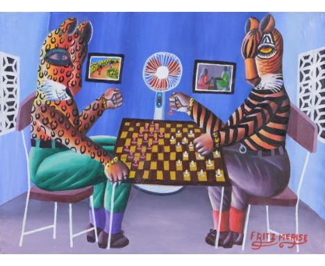 Fritz Merise (Haitian, b. 1946) Game of Checkers Oil on Canvas. Signed lower right. Size: 12 x 16 in. Unframed.