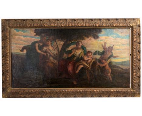 Old Master School, 18th C. Allegorical Scene. Oil on canvas. Appears to be unsigned, has been relined. Sight Size: 20.5 x 40 