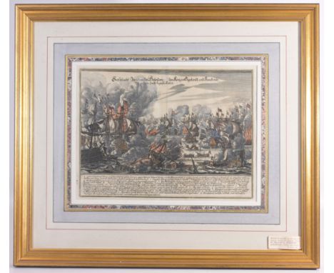 Hand Colored Etching M. Meriams Theatrum 17th Century European Naval Battle Scene Image Size: 10 x 13.5 in. Overall Framed Si