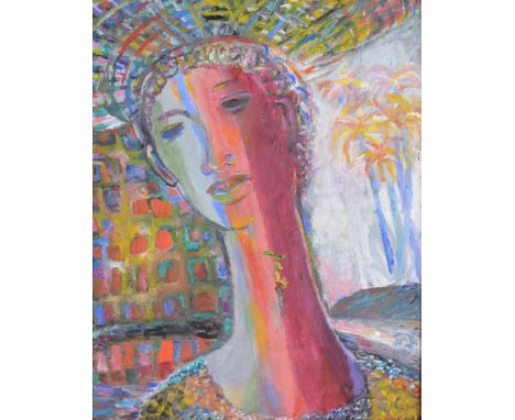 Joseph Cantave (Haitian, B. 1963) Portrait of a Woman. Oil on Board. Signed vertically along neck of figure. Sight Size: 20 x