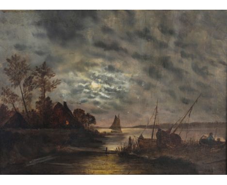 James Brade Sword (Pennsylvania, 1839 - 1915) Early Pennsylvania landscape at sunset depicting fishermen getting ready to hea