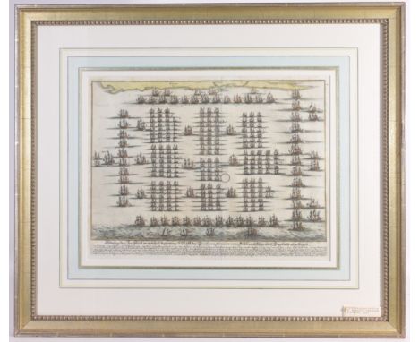 Hand Colored Etching M. Meriams Theatrum 17th Century European Naval Battle Scene Image Size: 10.25 x 15 in. Overall Framed S
