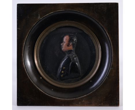 18th Century Wax Relief Portrait of a Naval Officer in Original Wood and Metal Frame. Overall Framed Size: 6.25 x 6.25 in. Fr
