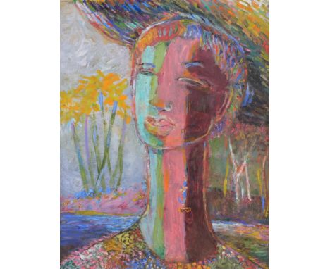Joseph Cantave (Haitian, B. 1963) Portrait of a Woman. Oil on Board. Signed vertically along neck of figure. Sight Size: 20 x