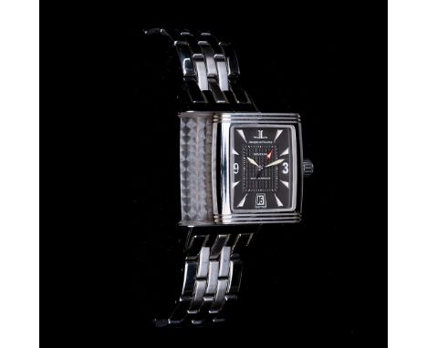 A GENTLEMAN’S BOXED STAINLESS STEEL WRISTWATCH, JAEGER LECOULTRE REVERSO manual, the rectangular black dial with white arabic