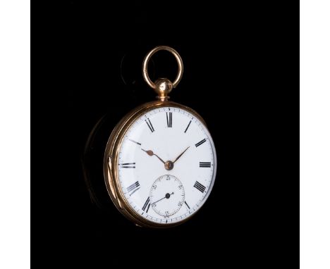 AN OPEN FACED POCKET WATCH, AM WATCH Co. 14k gold, the white enamel dial with black Roman numerals, subsidiary dial for secon