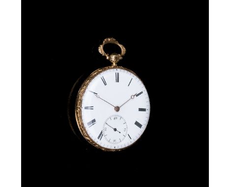 AN OPEN FACED POCKET WATCH, DUBOIS the white enamel dial with black Roman numerals, subsidiary dial for seconds with black Ar