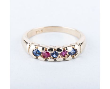 A 9K YELLOW GOLD SAPPHIRE AND RUBY FIVE STONE RING the 3 sapphires and 2 rubies are semi claw-set alternating in a channel 