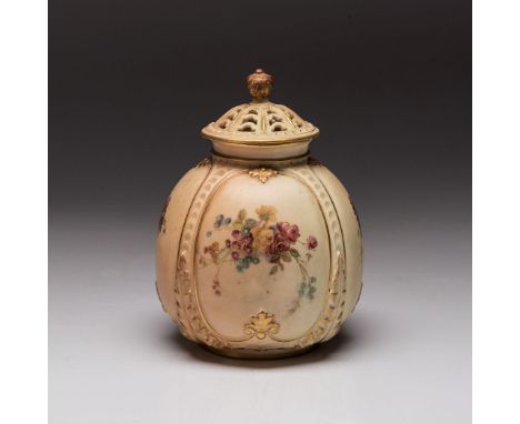 A ROYAL WORCESTER BLUSH POTPOURRI JAR AND COVER, 19TH CENTURY of lobed globular form painted with trailing floral design inte