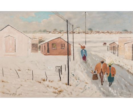 John Koenakeefe Mohl (South African 1903-1985) BACK FROM WORK IN SNOW signed and inscribed 'in the 20th century; signed and i