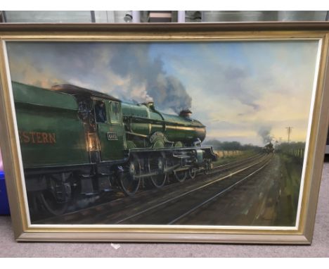A framed oil on canvas of a steam train by R J Pinnock, approx 100cm x 70cm.