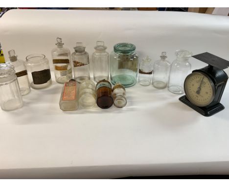 14 assorted Victorian period assorted Chemist bottles and jars, some that are branded as pictured. Additionally, a Boots baby