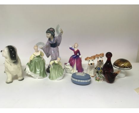 A Lladro figure of a Japanese style girl holding fans Doulton figures a Doulton garden bird paperweights and others. No obvio