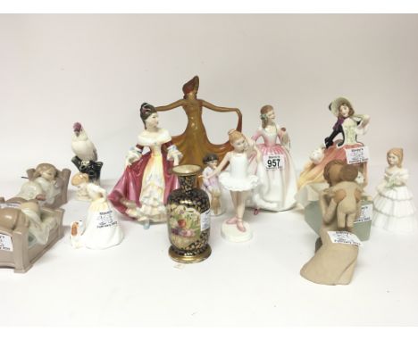 A collection of Royal Doulton figures NAO A Victorian hand painted vase (slight damage) and a Vintage Wade Art Deco figure ( 