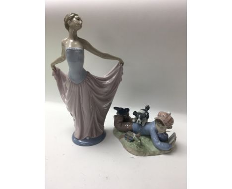 Two Lladro figures comprising boy and dog , a Princess , and two Nao figures.