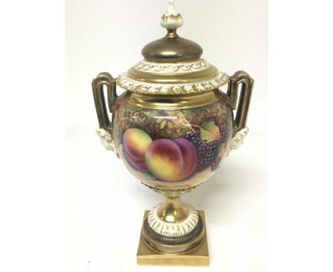 A Quality Royal Worcester hand painted porcelain urn and covers and painted fruit study signed P Platt. No obvious damage gil