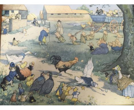 A framed print farm yard scene with comical animals by Molly Brett - NO RESERVE