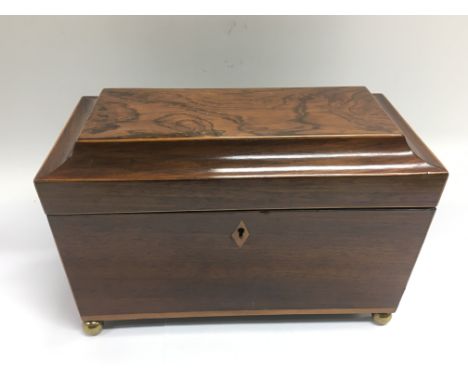A regency rosewood tea caddy with box wood stringing, no mixing bowl. Approx dimensions 32cm x 20cm x 17cm.