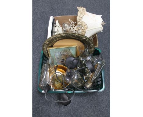 A box and basket of brass wall plaque, six glass light fittings, metal light with glass drops etc 