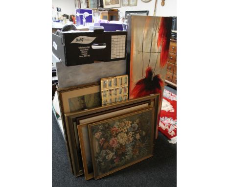 A collection of pictures and prints, Rene Poulet print - sailing ship, tapestry, vintage motorcar mirror etc 