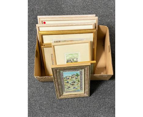 A box of assorted framed pictures and prints, set of four Siriol Sherlock botanical watercolours together with a hand-painted