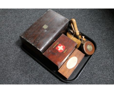 A tray of Victorian work box, vintage first aid case, wine thermometer in case, wooden shoe stretcher, Chesterman leather cas