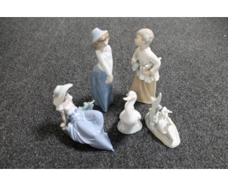 Five Nao figures - boy with scrolls, two female figures, Goose and goslings 