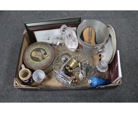 A box of miscellany to include aluminium champagne bucket, vintage tin, glass decanter, beer stein, bottle opener, corkscrew 