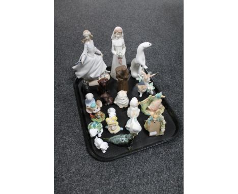 A tray of assorted figurines, Nadal, Bride, Lladro, Cinderella, Russian stoat etc
