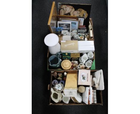 Three boxes of framed pictures, carriage clock, tea china, ceramic wall plaques etc 