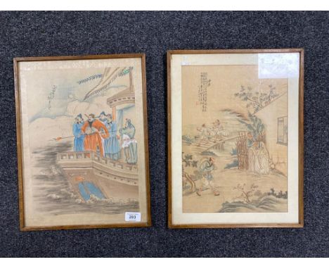A pair of 19th century Chinese watercolours on silk depicting figures on a ship and a village scene, signed.  CONDITION REPOR