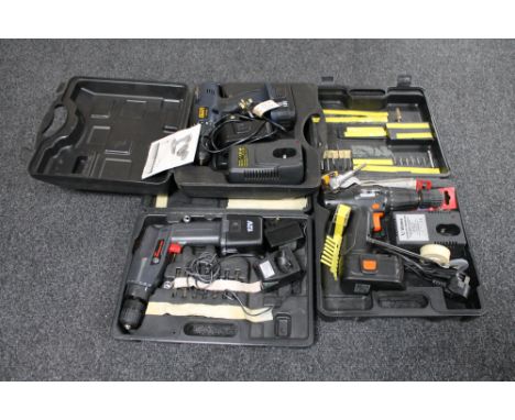 Three cased power tools - 12v cordless drill, 18v power craft drill together with a 14.4v Wicks drill with batteries and char