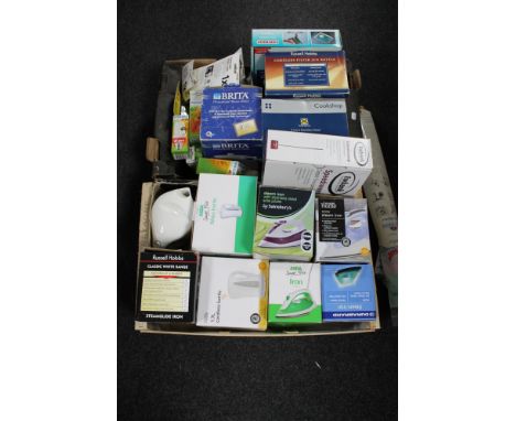A box and a crate of assorted electricals, kettles, irons, light bulbs, Britta filter, pedal bin etc 