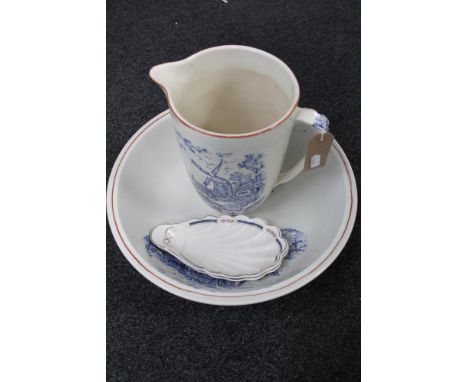 An antique blue and white wash jug with basin, two Johnson Bros. shell soap dishes 