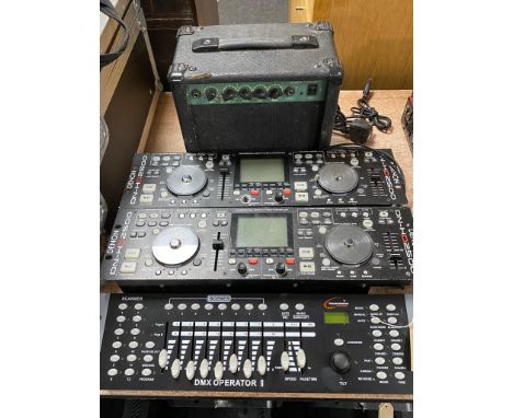 Two Denon DN-HD2500 professional media control units, Trancenison DMW operator control unit and a Stagg mini guitar amp 