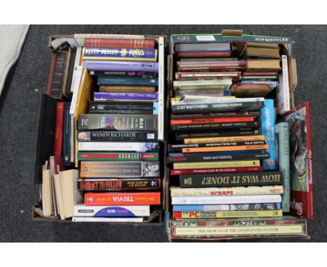 Two boxes of hardback and paperback books - novels, Royalty, Cats etc, A box of assorted pictures and prints, William Russell