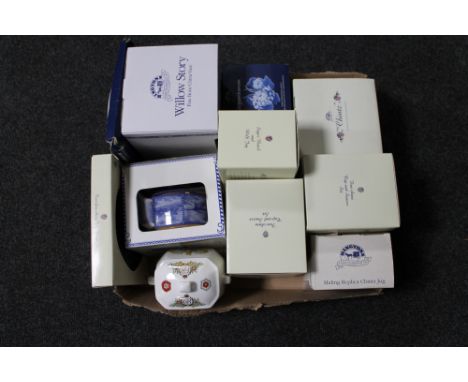 A box of a quantity of Ringtons china including a boxed Chintz two-person tea service, Willow patterned vase, teapot, commemo