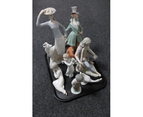 A tray of continental figurines, Capodimonte figure - House of Queensberry, Six Spanish figures, Lady with basket of fruit, G