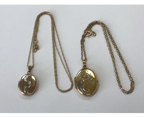 Two 9ct gold lockets on chains, 5.8g gross.  CONDITION REPORT: The locket with 'foot print' design doesn't close well and nee